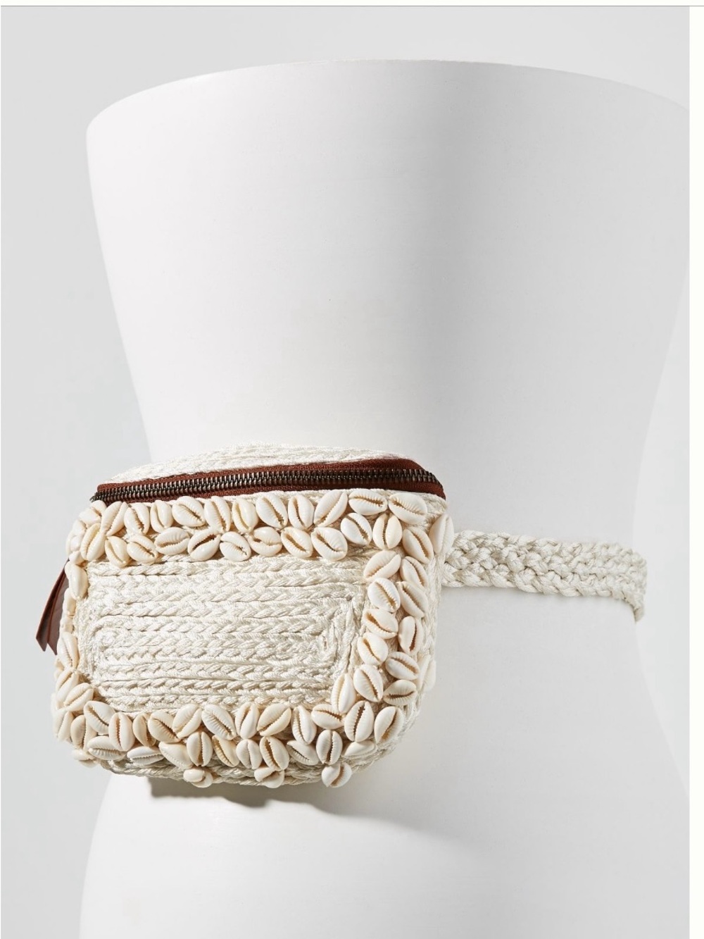 Anthropologie Cream Shell-Embellished Woven Crossbody Belt Bag